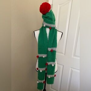 Festive Christmas Fuzzy Green Scarf & Hat set Red and Silver Accents & bells NWT